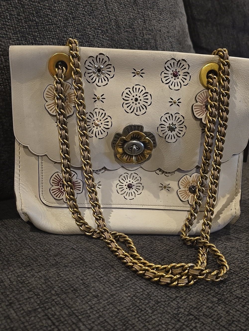 Coach Cream Tea Rose Applique Shoulder Bag with Gold Chain And Hardware